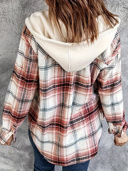  Plaid Print Button Up Long Sleeve Drawstring Hooded Shacket
