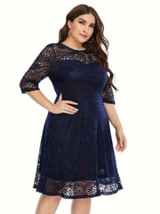  Lace Semi Sheer 3/4 Sleeve Midi Dress Women's Plus Stretch Midi Dress