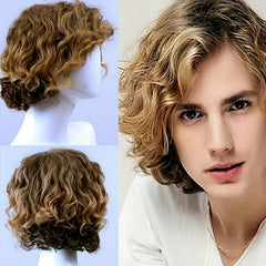 Men's Short Curly Wig Brown Blonde Gradient High Temperature Silk