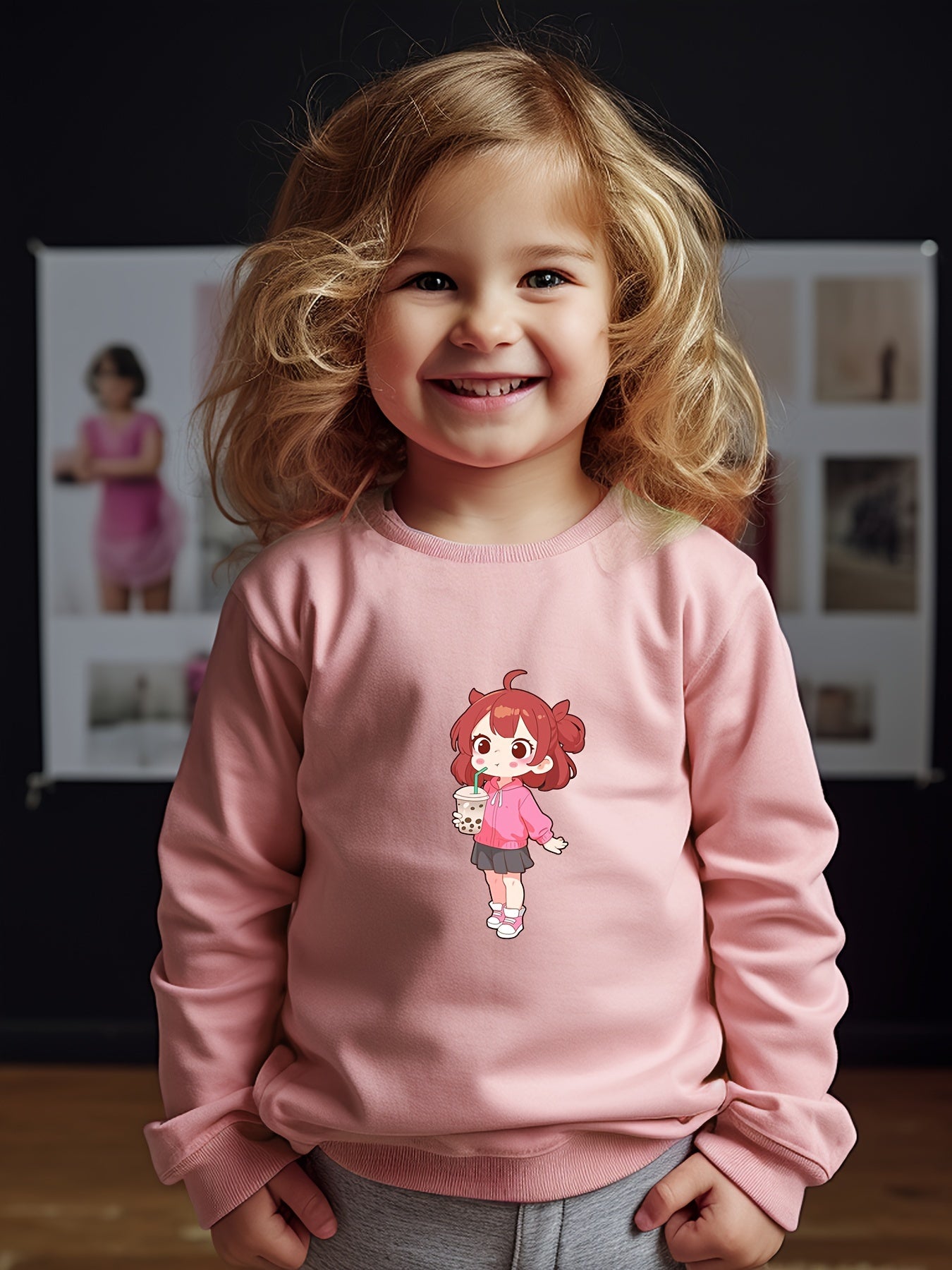 Girls Girl Pattern Crew Neck Long Sleeve Sweatshirt For Spring Fall