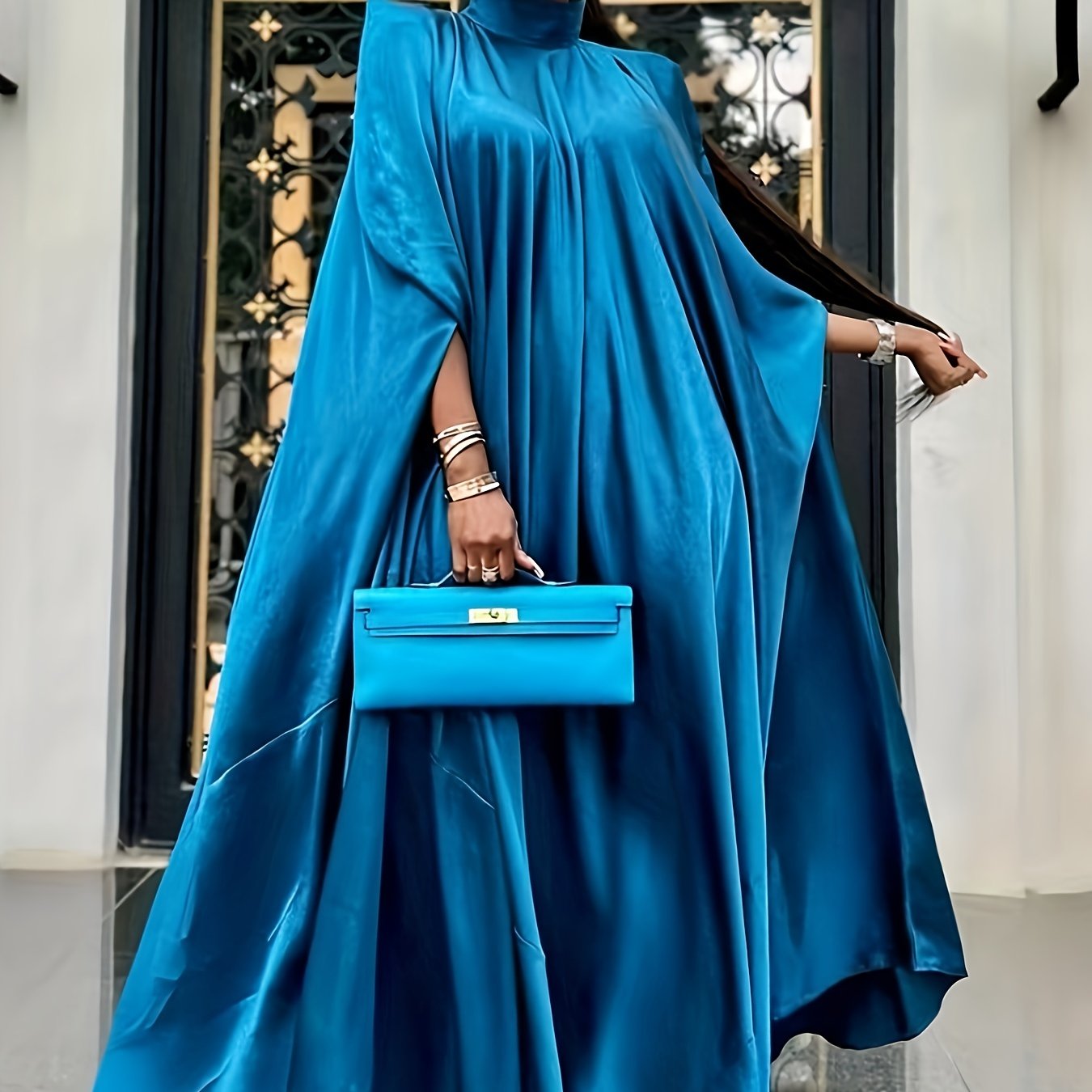  Satin Bat Sleeve Maxi Caftan Dress