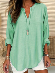  Solid Long Sleeve Notched Neck Tunic Top