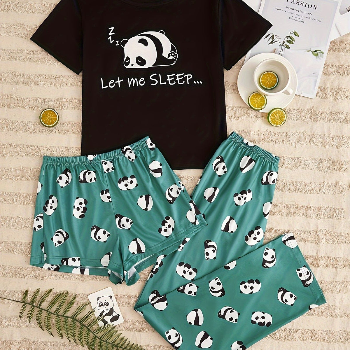 Panda Print Pajama Set Short Sleeve Top & Shorts Lounge Pants Women's Sleepwear
