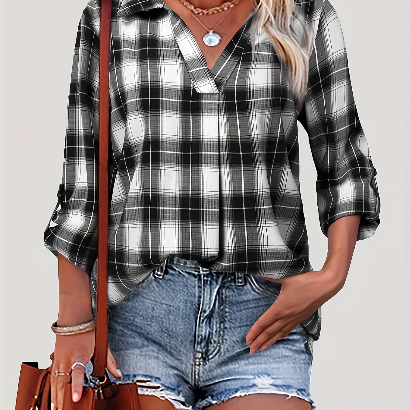  Plaid Print Roll Up Sleeve Button Up Blouse