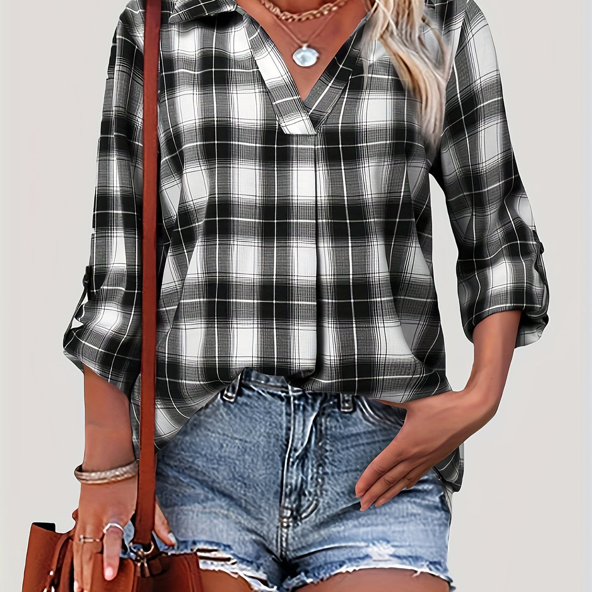  Plaid Print Roll Up Sleeve Button Up Blouse