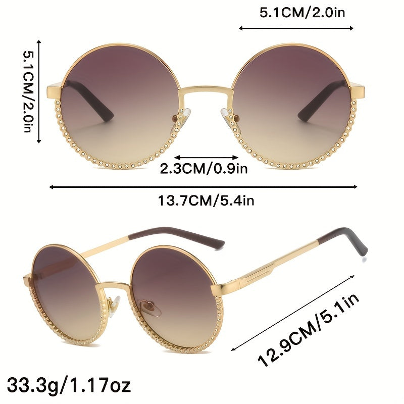 Round Metal Frame Sunglasses Rhinestone Decor Gradient Glasses UV400