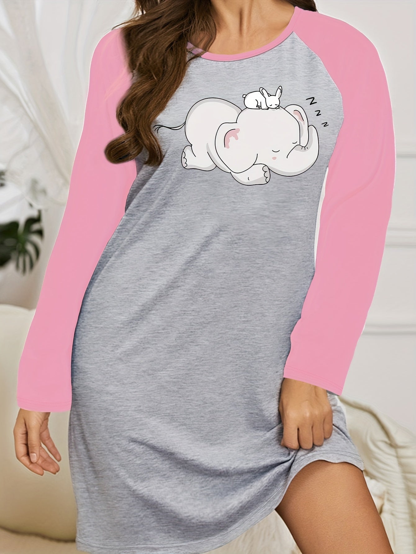  Nightdress Elephant & Mouse Print Raglan Sleeve Tee Sleep Dress