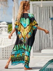  Tie Dye Cover Up Dress Women's V Neck Bat Sleeve Beach Casual