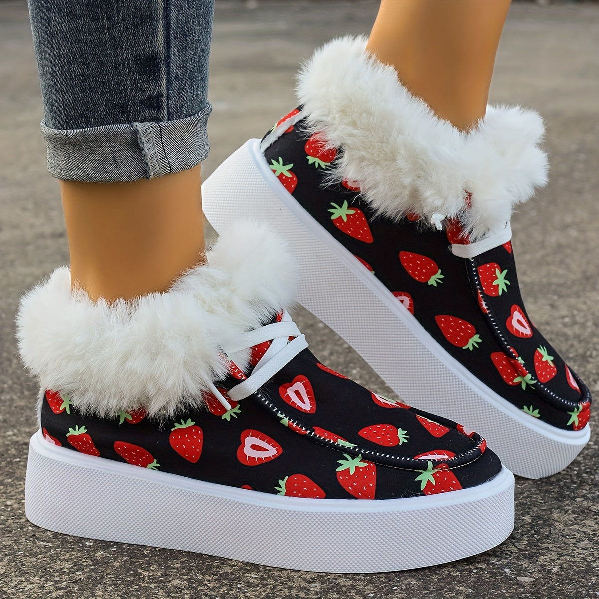 Women's Strawberry Print Warm Sneakers Low Top Sport Shoes