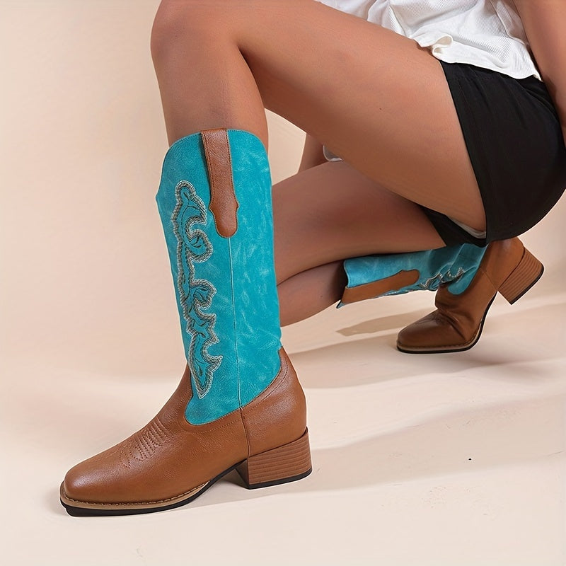 Women's Retro Western Boots Embroidered Square Toe Chunky Heel Cowgirl Mid Calf