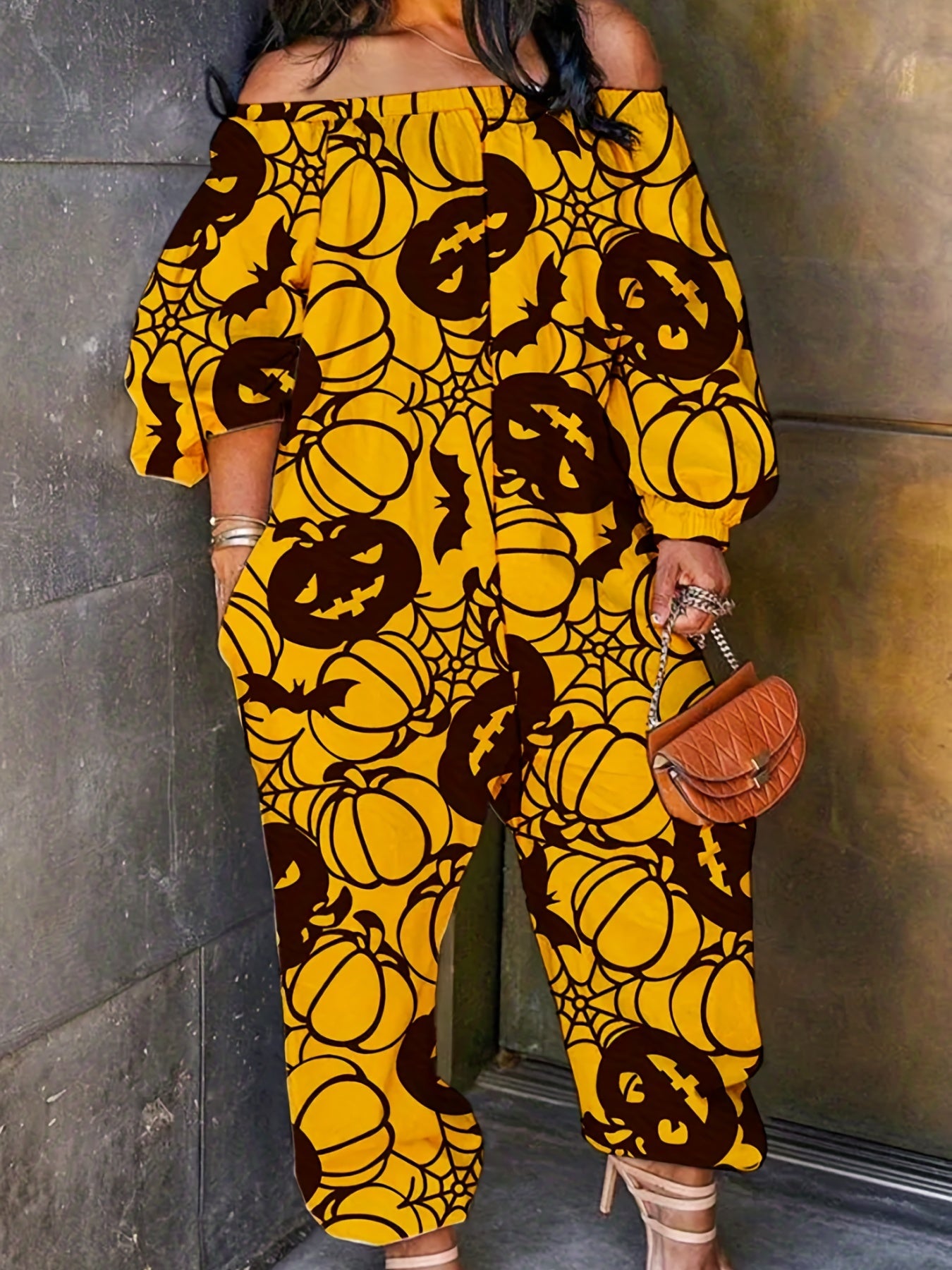  Halloween Jumpsuit Witch Pumpkin Print Off Shoulder Wide Leg Jumpsuit