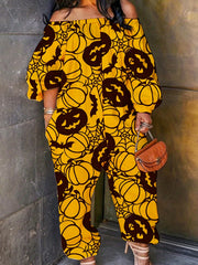  Halloween Jumpsuit Witch Pumpkin Print Off Shoulder Wide Leg Jumpsuit