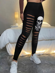  Halloween Leggings Women's Plus Funny Skull Print Ripped Elastic