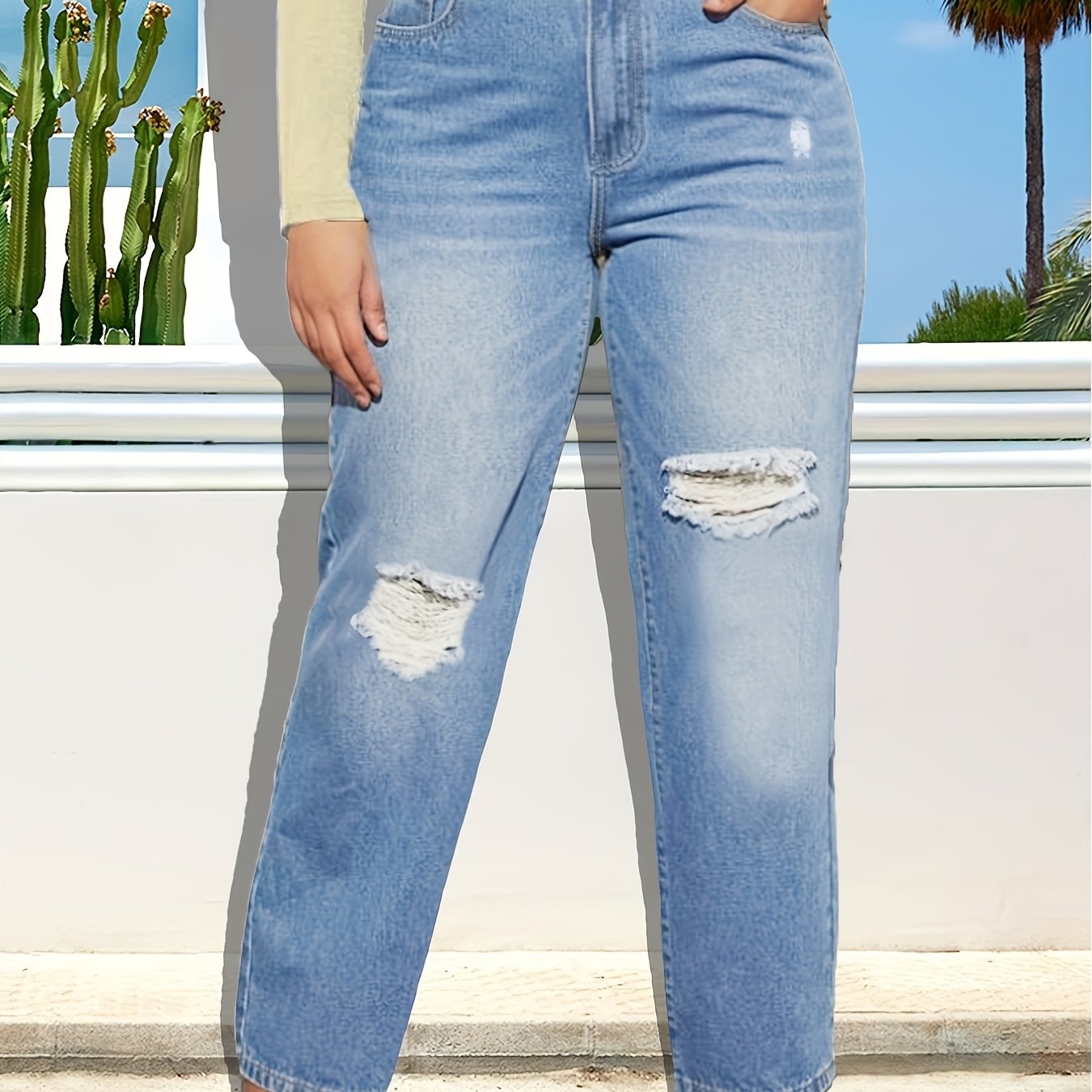  Button Fly Ripped High Rise Straight Leg Jeans