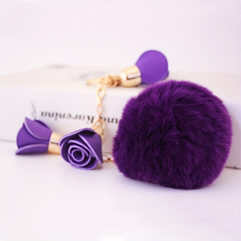 Flower Pom Pom Keychain Plush Key Ring Purse Bag Charm Earbud Case Accessory