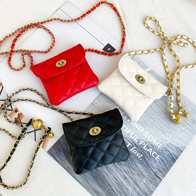 Rhombus Embossed Waist Bag Belt Stylish PU Golden Chain Waist Belt