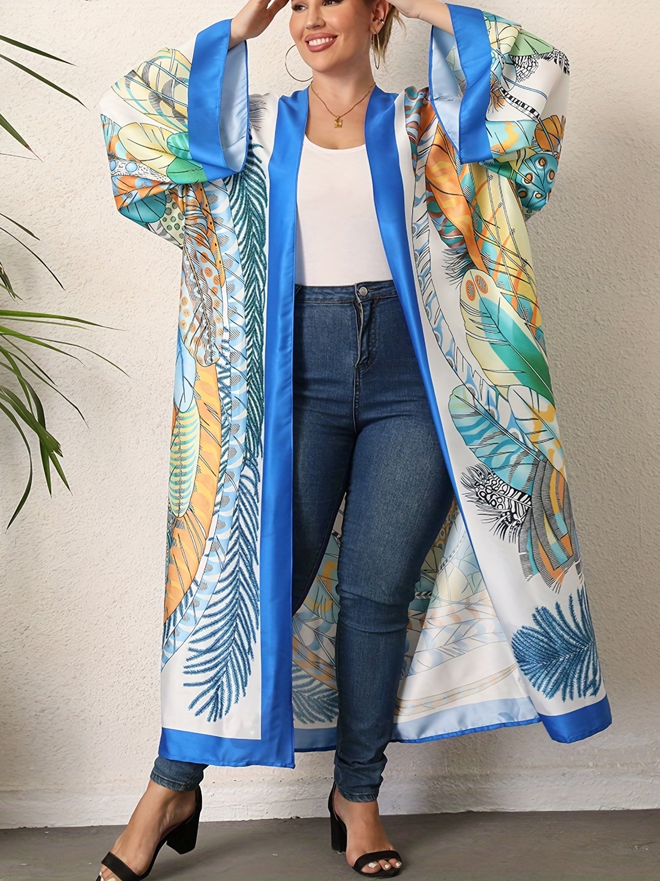  Boho Kimono Tropical Print Long Sleeve Beach Cover Up