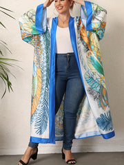  Boho Kimono Tropical Print Long Sleeve Beach Cover Up
