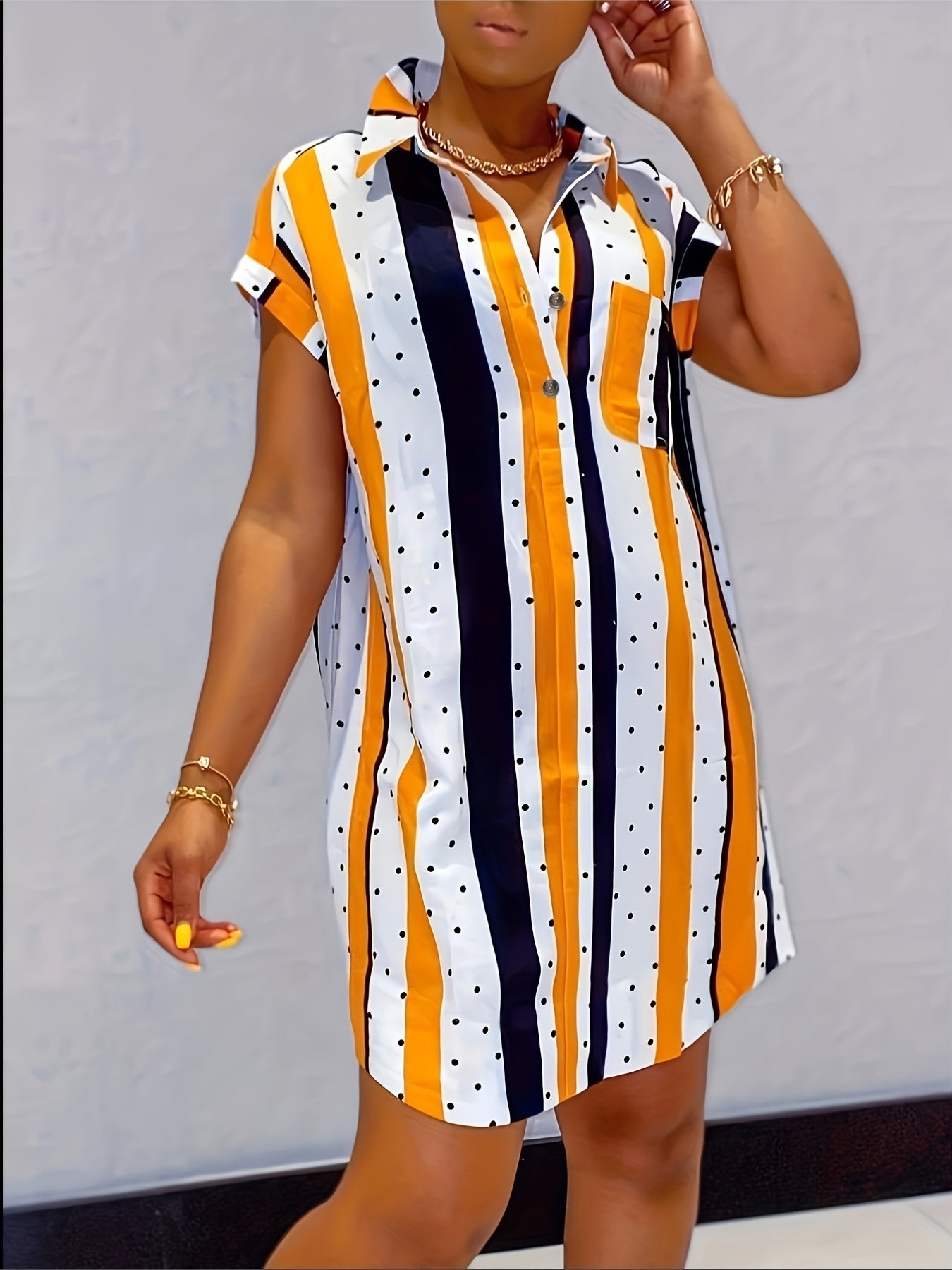  Polka Dot & Stripe Print Shirt Dress