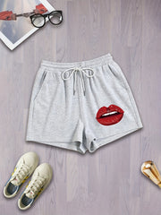  Lip Print Drawstring Sports Shorts Loose Fit