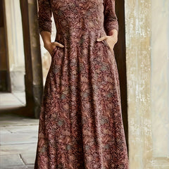  Allover Print Long Sleeve V Neck Maxi Dress