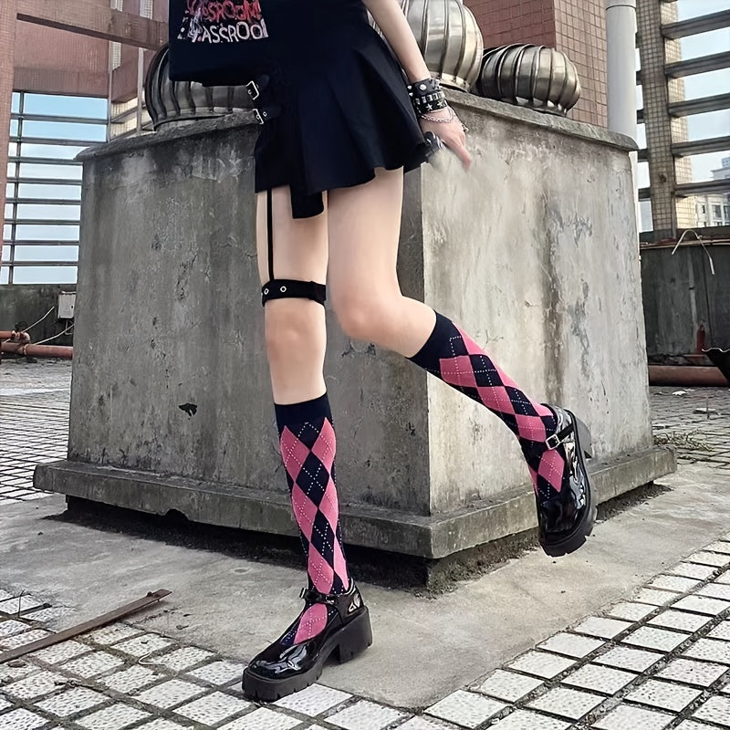 Argyle Calf Socks College Style Knee High Socks Women's Stockings