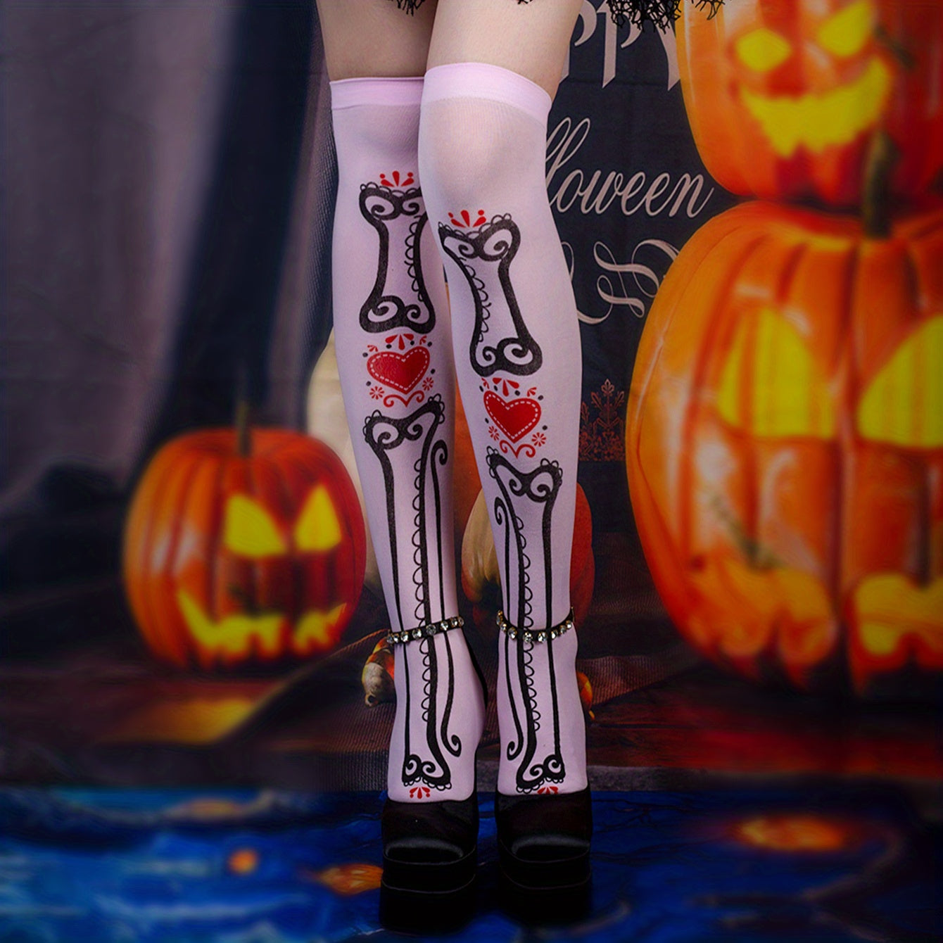 Bone Shaped Print Socks Y2K All match Over The Knee Socks Women's Stockings