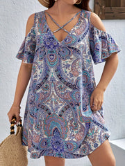 Women's Plus Paisley Print Cold Shoulder Mini Dress