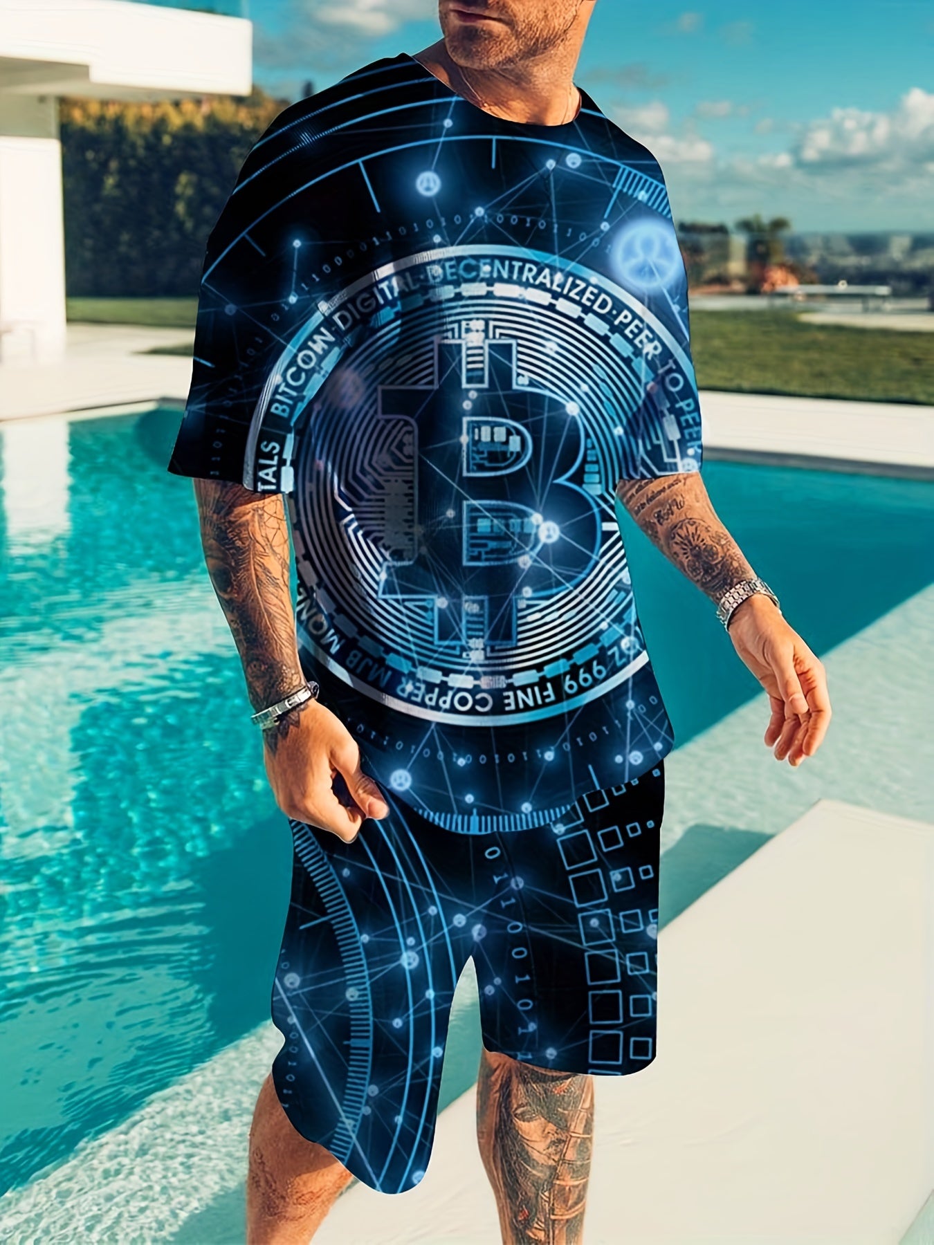 Bitcoin Men's 2Pcs Crew Neck T-shirt & Drawstring Shorts