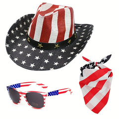 American Flag Cowboy Hat with Glasses Scarf