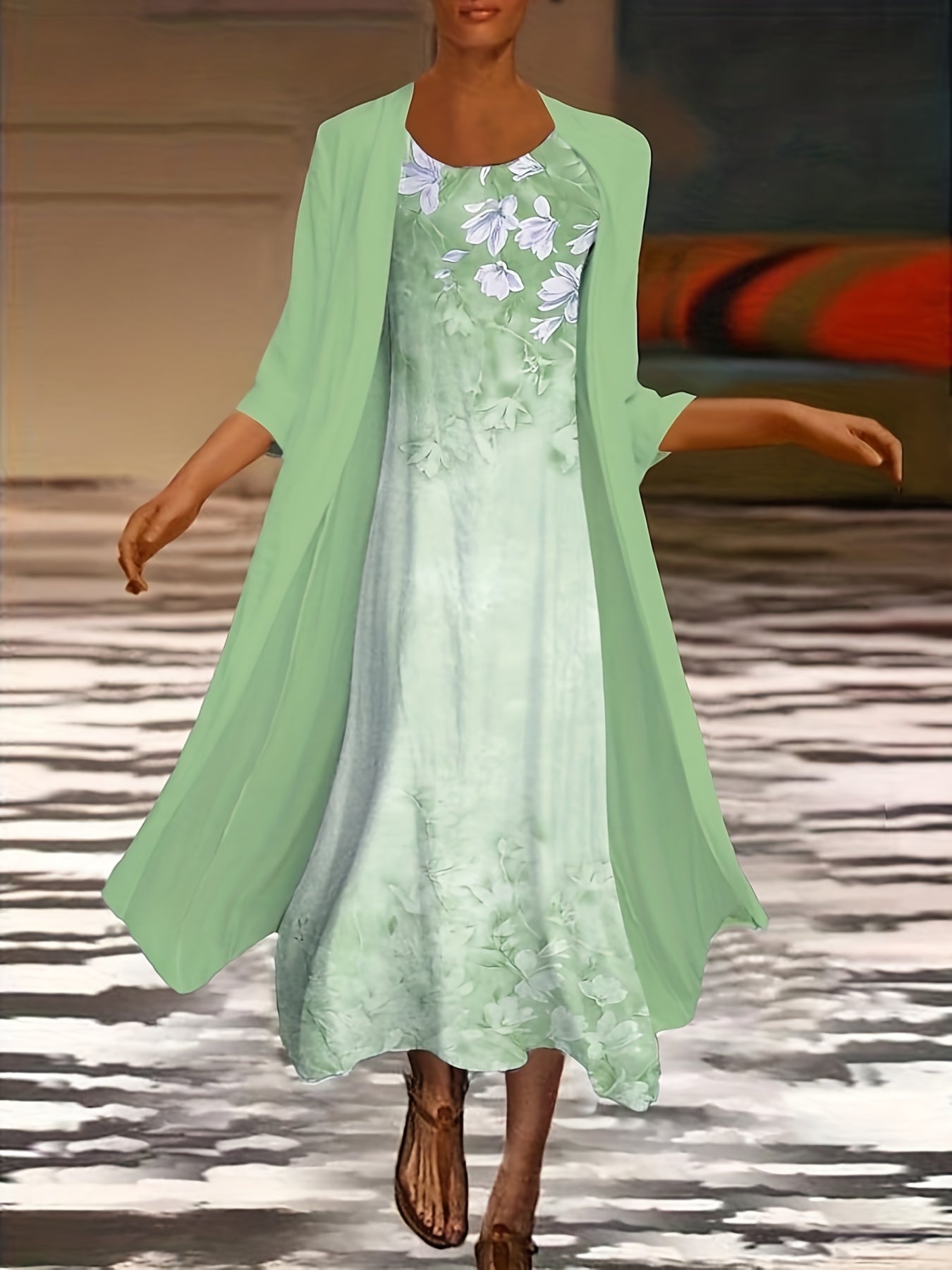 Women's Plus Floral Print Tank Dress & Long Sleeve Coat Set