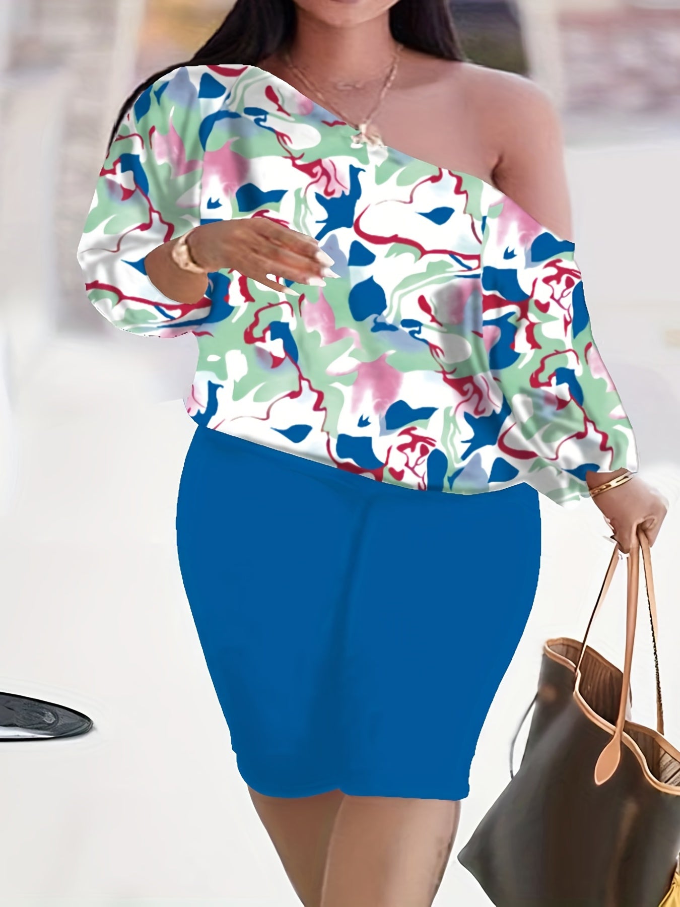  Colorblock One Shoulder Top & Shorts Set