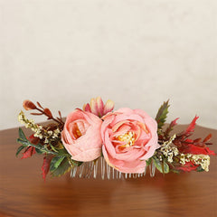 Pink Rose Flower Hair Comb for Wedding Prom Party with Non Slip Base