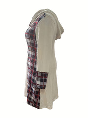  Colorblock Plaid Print Jacquard Hooded Dress