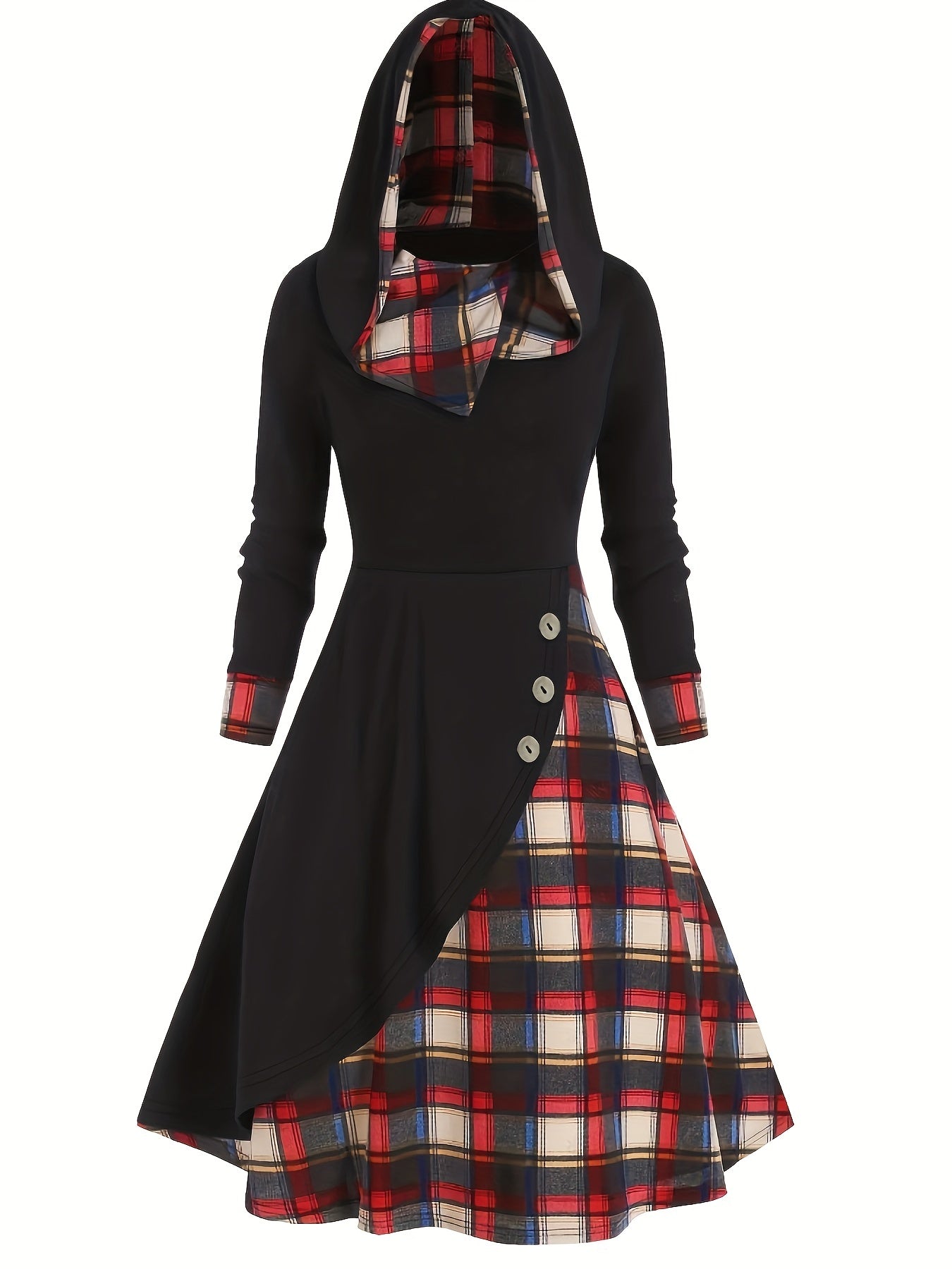  Colorblock Plaid Print Button Hooded Dress
