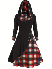  Colorblock Plaid Print Button Hooded Dress