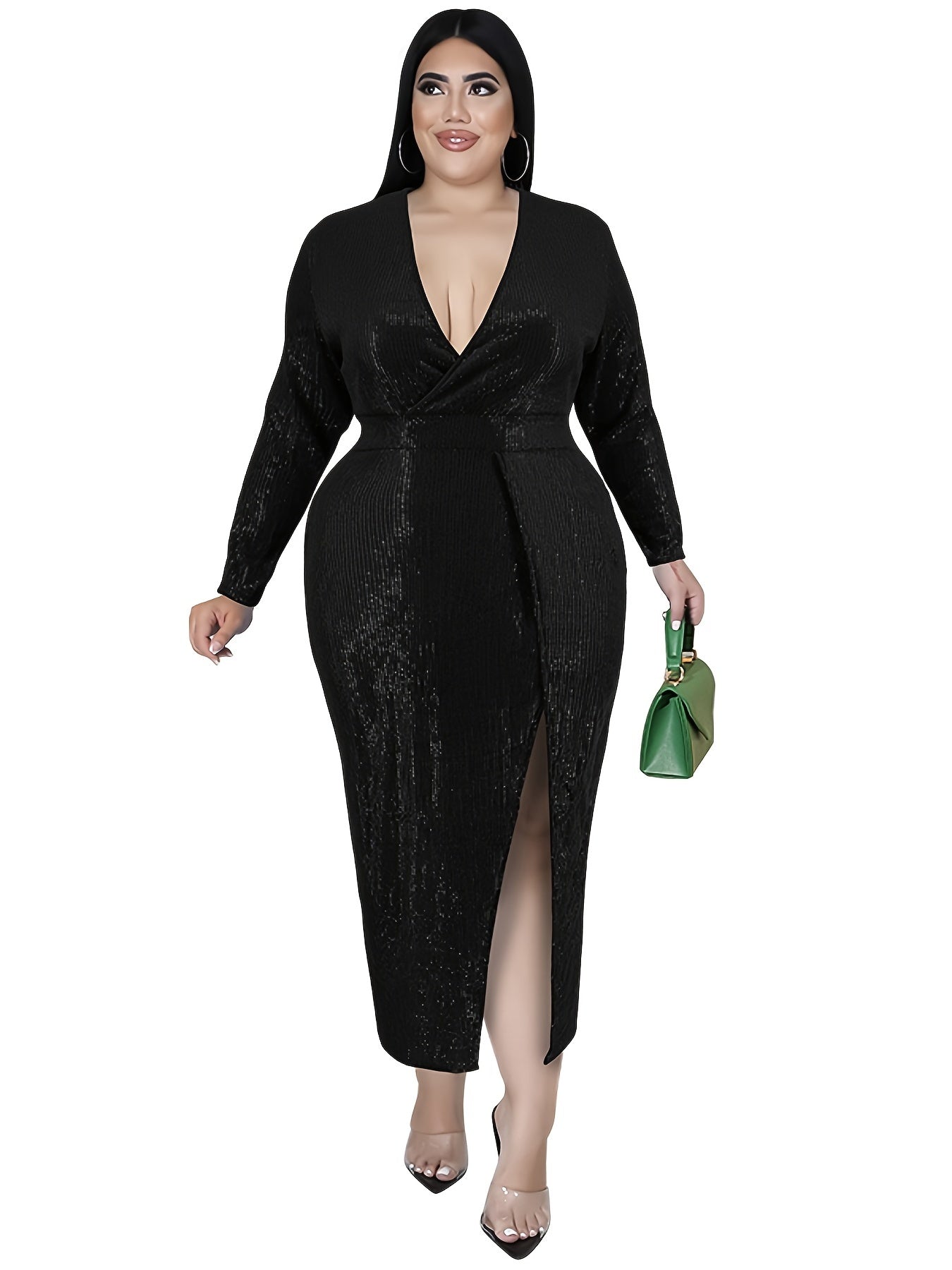 Sequin Deep V Neck Maxi Dress with High Split Sleeves