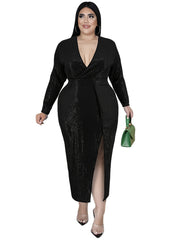 Sequin Deep V Neck Maxi Dress with High Split Sleeves