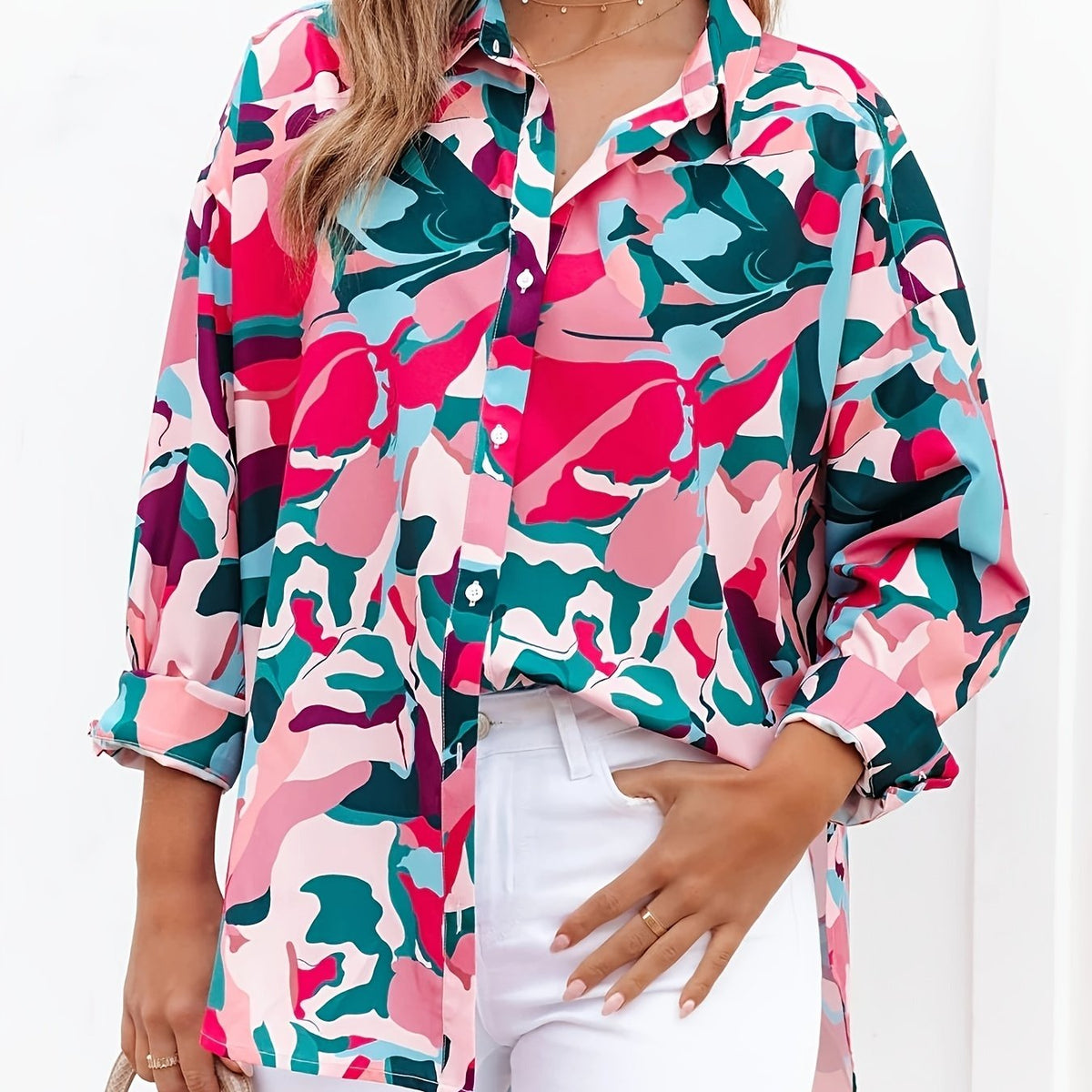  Colorblock Allover Print Button Up Blouse