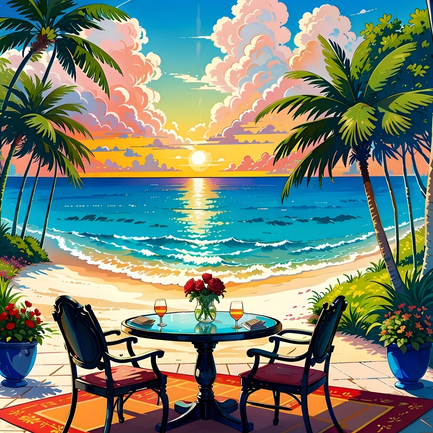 Cartoon Beach Seaside Table And Chair Pattern Curtain Tapestry