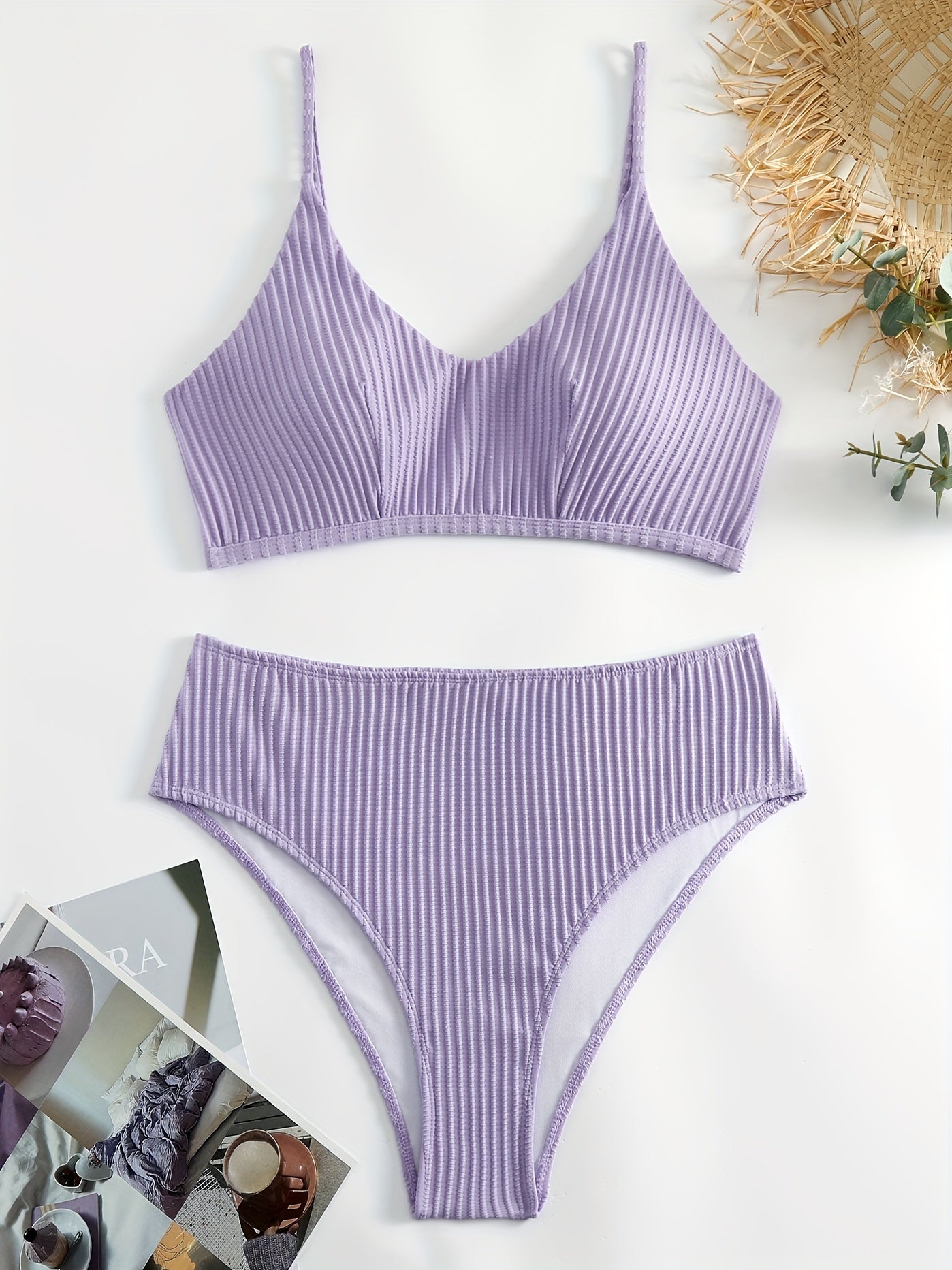  Solid Ribbed V Neck Backless Crop Cami Top & Panty Swimsuit