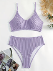  Solid Ribbed V Neck Backless Crop Cami Top & Panty Swimsuit