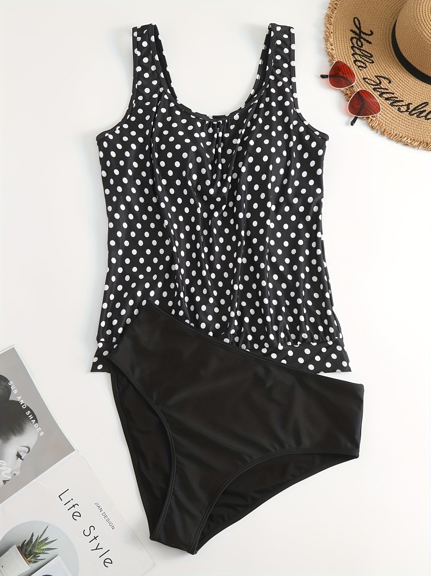  Vacay Tankini Set Women's Plus Dot Print Round Neck High Stretch Tank