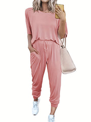 Casual Two-Piece Set Crew Neck Short Sleeve Tops & Drawstring