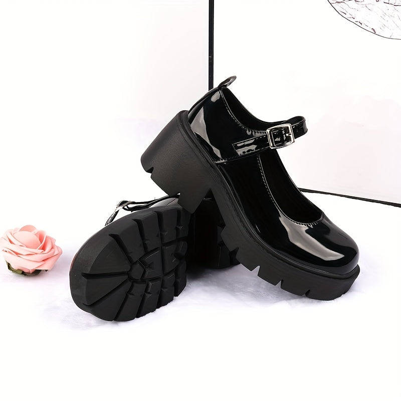 Women's Patent Mary Janes Round Toe Buckle Platform Shoes
