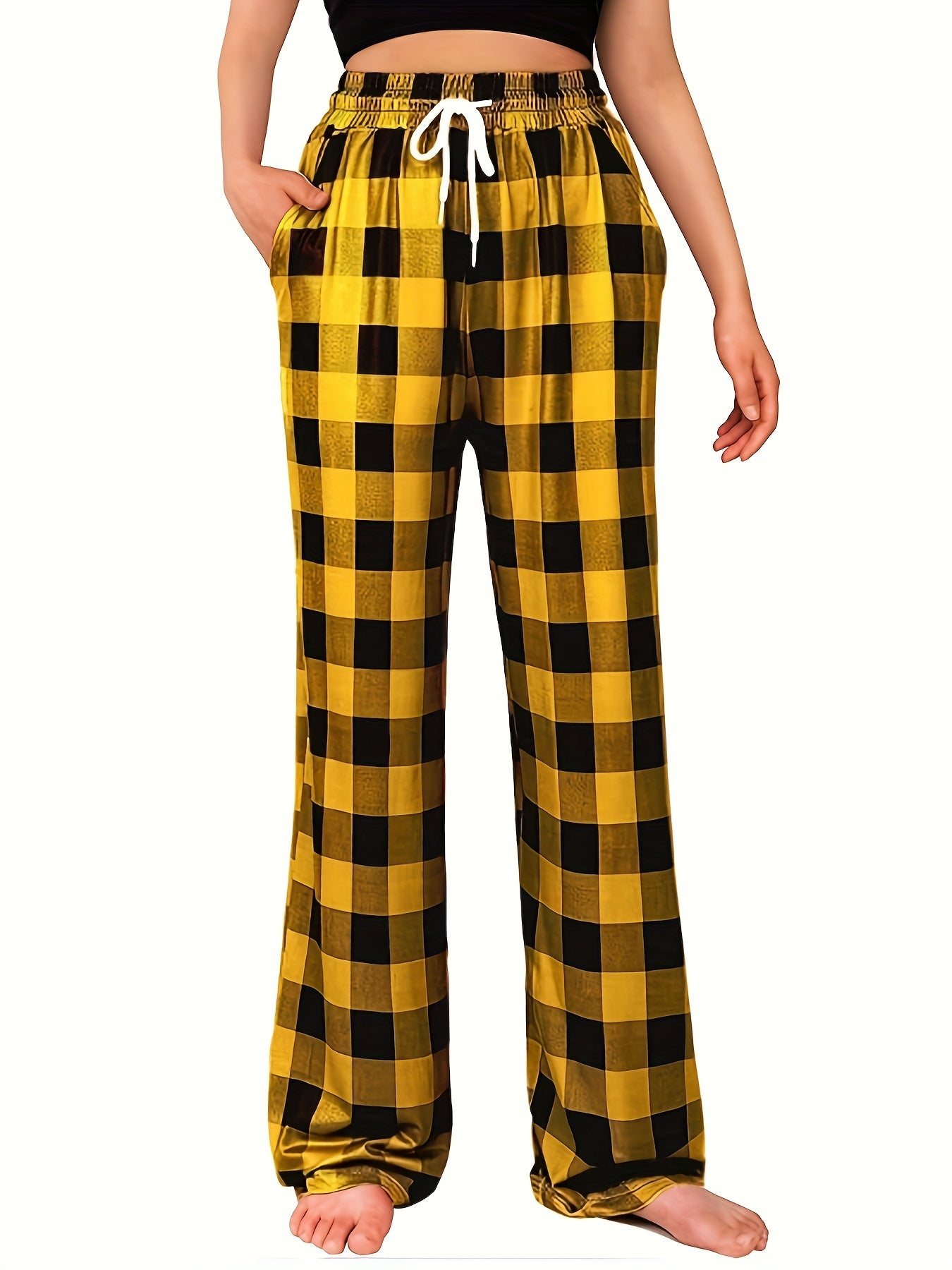  Plaid Elastic Drawstring High Rise Straight Leg Pants