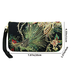 Women's Embroidery Wallet Peacock Print Clutch Layered Phone Bag