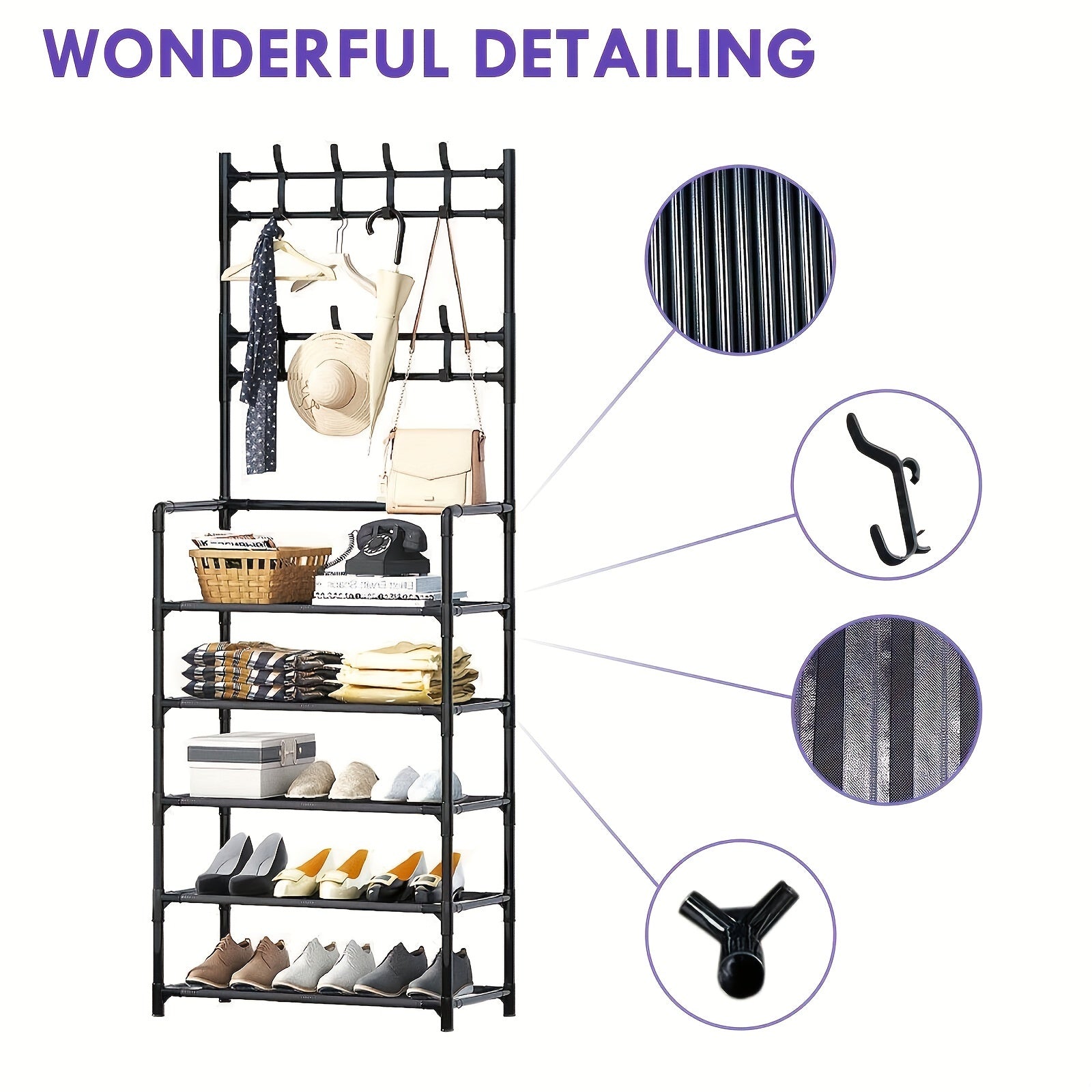 Shoe Storage Rack With Clothes Shelf and Hooks