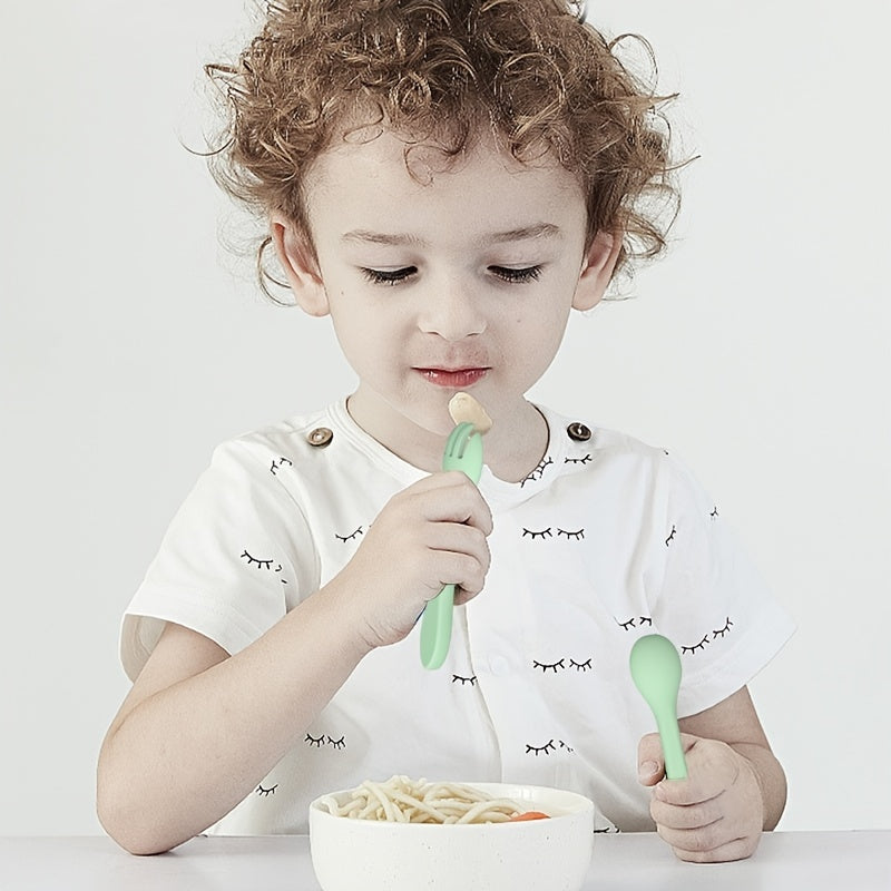 Baby Silicone Soft Fork And Spoon Set - Training Feeding