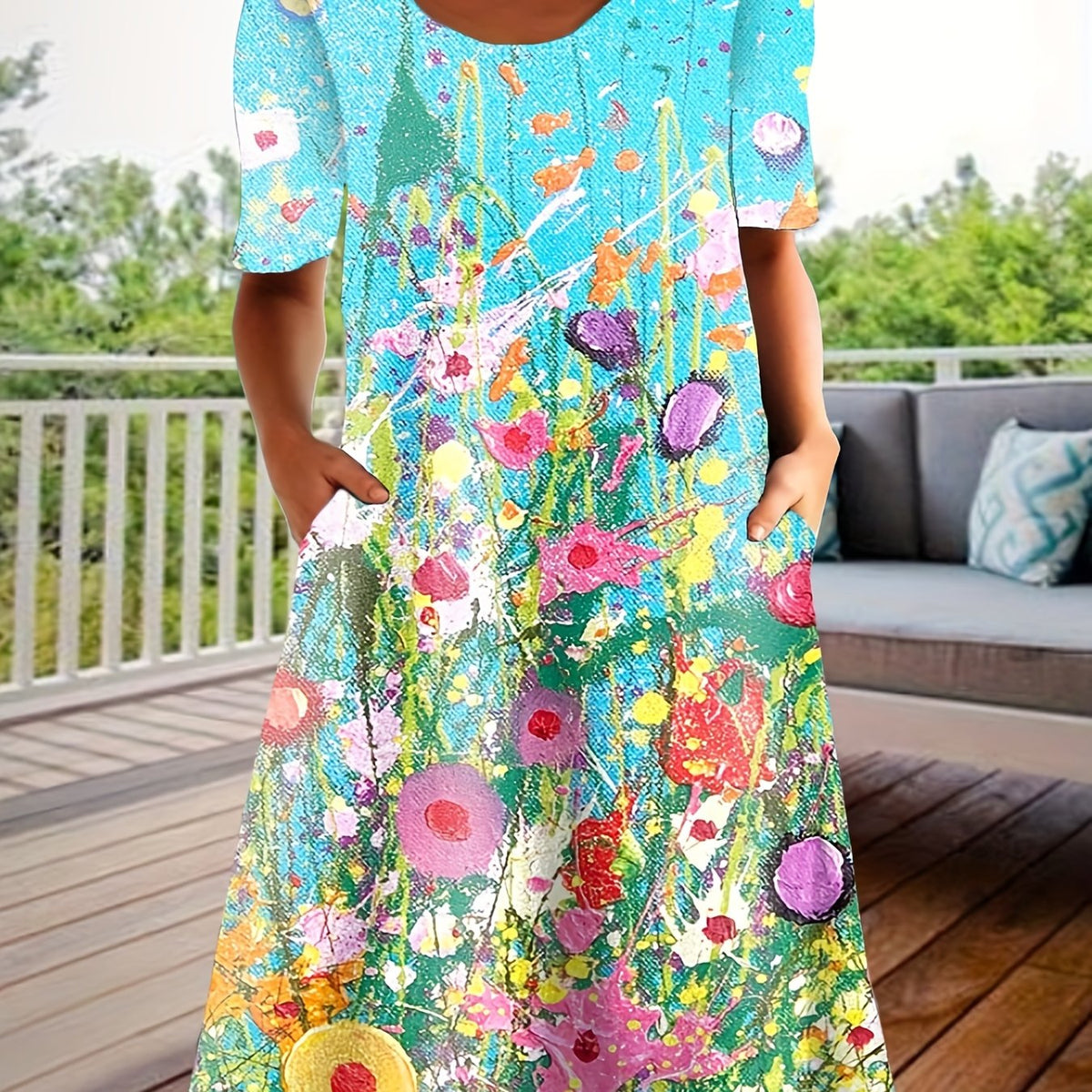Floral Painting Print Short Sleeve Round Neck Dress With Pockets